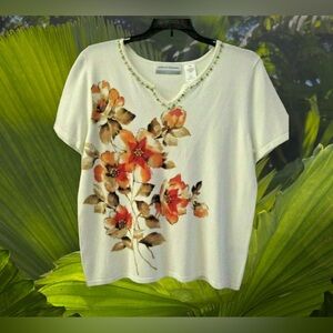Alfred Dunner Plus size 2X Womens Cream Pullover Sweater Short Sleeve Floral